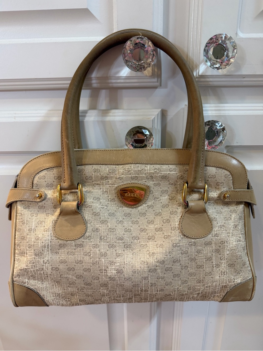 Vintage Gucci Micro GG Supreme Beige and Tan Monogram Satchel